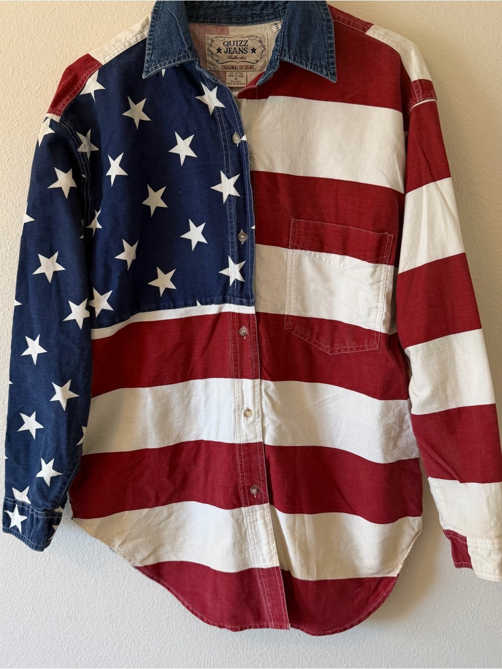 Vintage Quizz Jeans American Flag Shirt Size Medium 100% Cotton READ